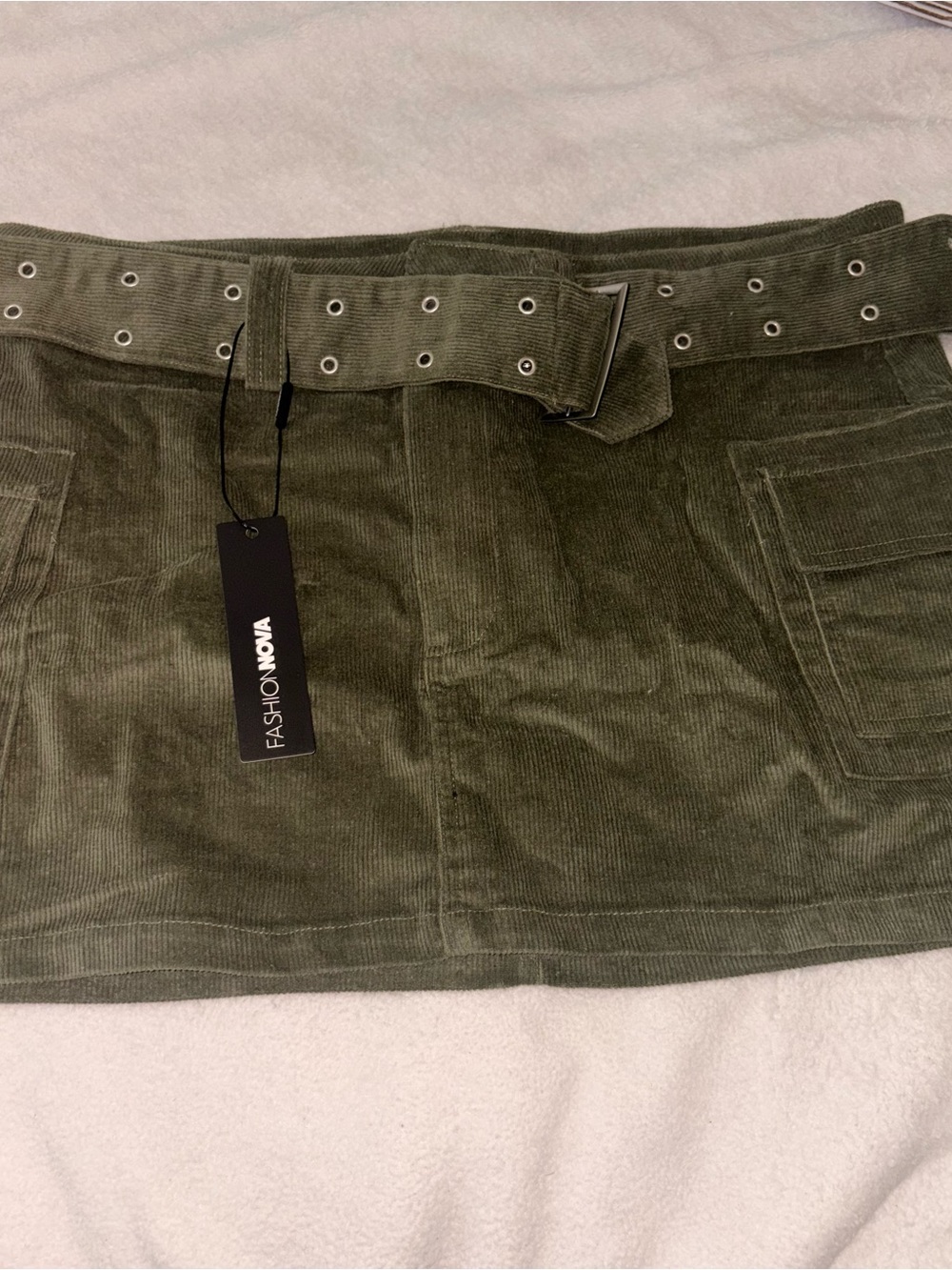 Fashion Nova Olive Corduroy Belted Mini Skirt